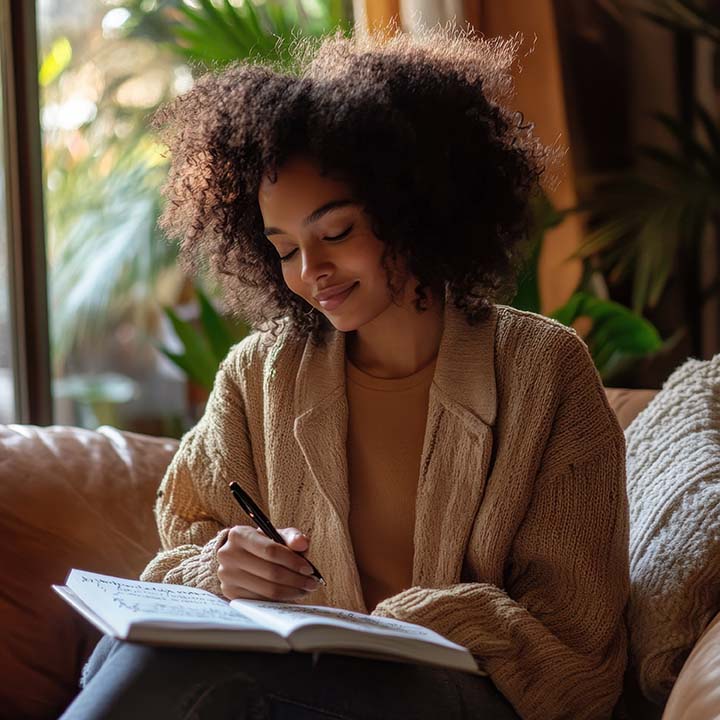 Cozy Journaling: A woman with curly hair sits on a couch in a su Automatic Writing Workshop & Mentorship Program
